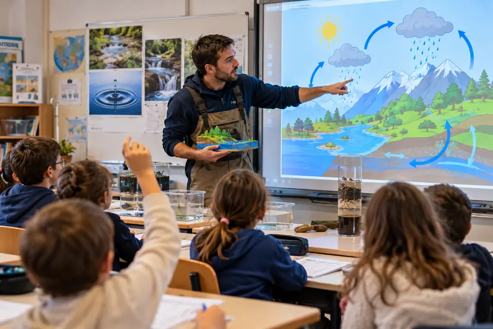 Image d'un animateur dans une classe qui fait des explications sur le cycle de l'eau